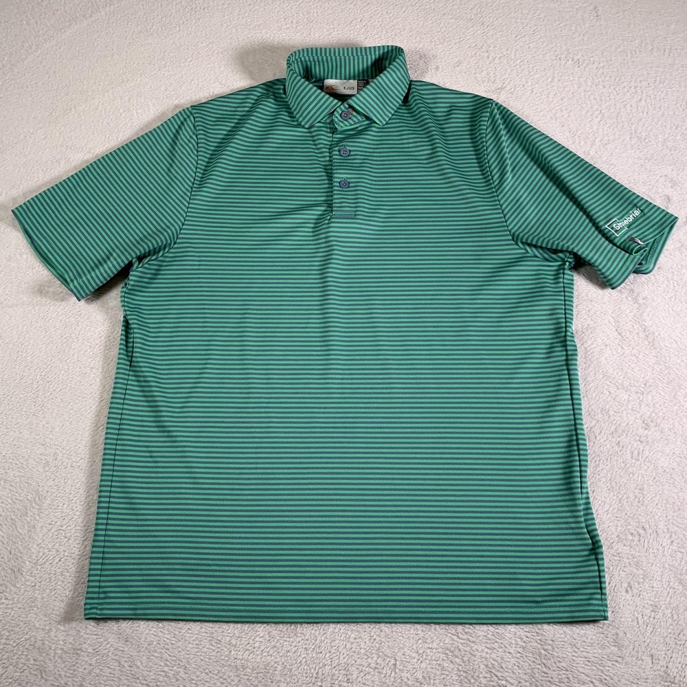 KJUS Polo Shirt Mens 52 Large Green Stripe Stonebriar Golf UPF 30+ Stretch